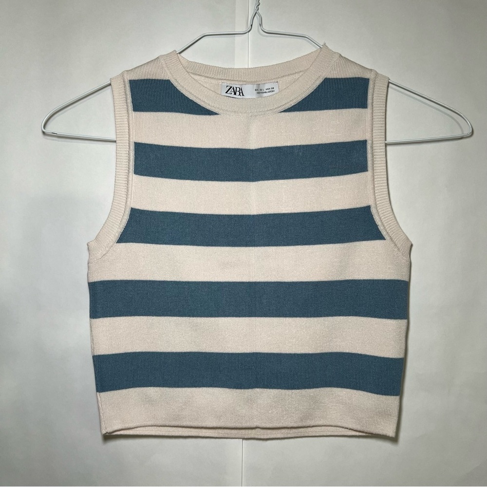 Zara Blue & Cream Striped Sleeveless Nautical Sailor Cropped Top Size L